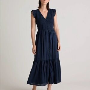 Quince Organic Textured Cotton Smocked V-Neck Midi Dress